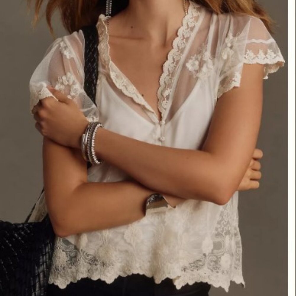 Anthropologie Embroidered Flutter-Sleeve Top